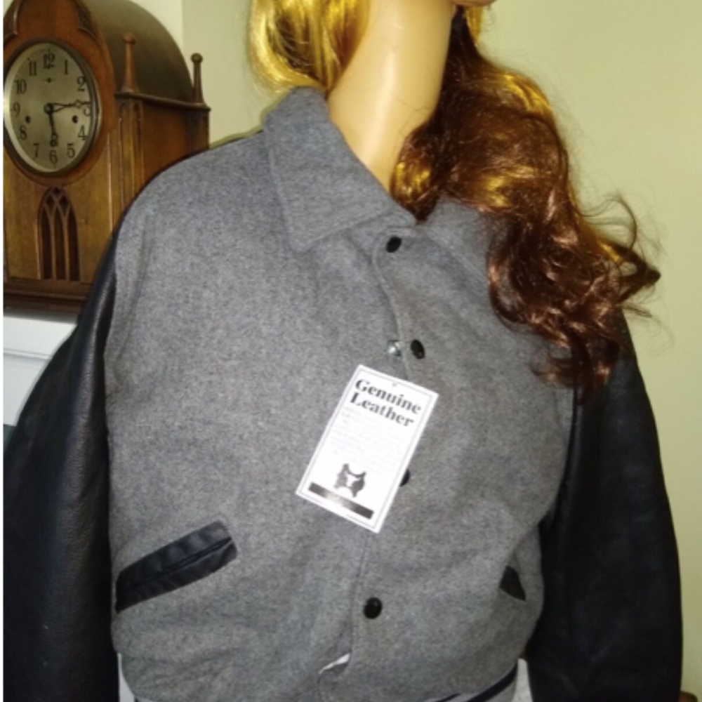 Leather & Virgin Wool varsity jacket blk/grey Med NWT - Athletic Sewing Company